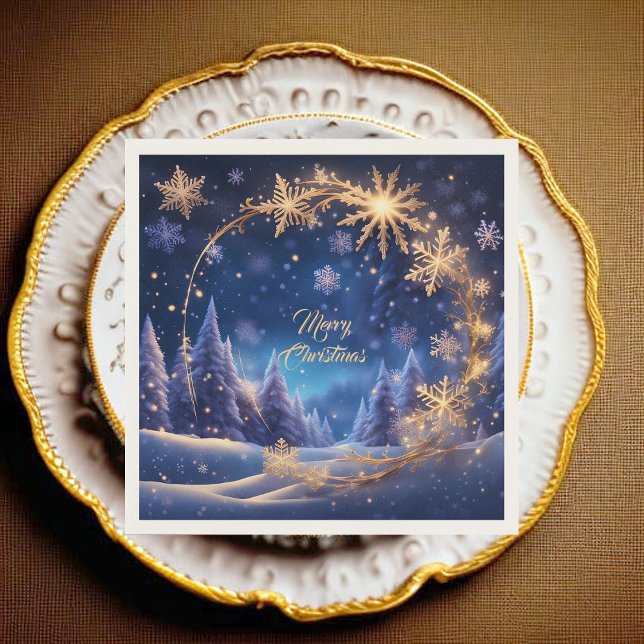 Serviette En Papier Noël magique - flocons de neige dorés sur bleu (Créateur téléchargé)