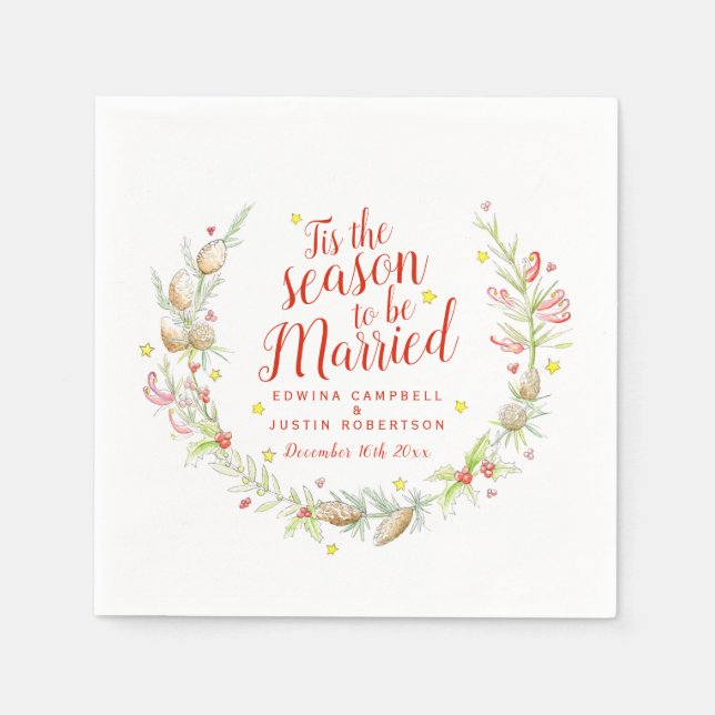 Serviette En Papier Noël mariage cônes baies étoile aquarelle (Devant)