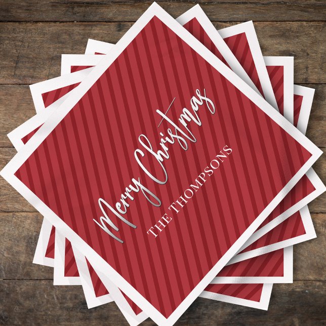Serviette En Papier Noël mignon Rouge Whimsical Calligraphie rayée (Christmas holiday red striped background party paper napkins)
