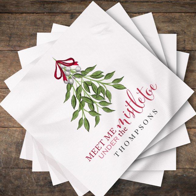 Serviette En Papier Noël Mignonne Aquarelle Verdure Mistletoe (Christmas merry mistletoe "meet me under the mistletoe" cocktail napkin.)