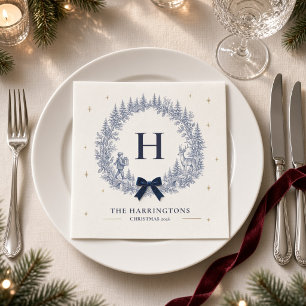 Serviette En Papier Noël personnalisé bleu toile monogramme hiver