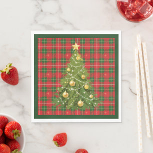 Serviette En Papier Noël Plaid Rouge, Vert avec Croix d'or
