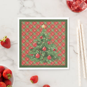 Serviette En Papier Noël Plaid Rouge, Vert avec Flèche-Neige Or
