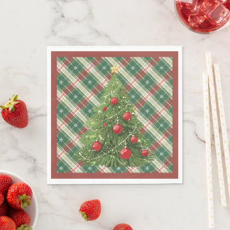 Serviette En Papier Noël Plaid vert, blanc avec rouge