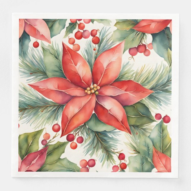 Serviette En Papier Noël Poinsettia et Holly Berries (Devant)
