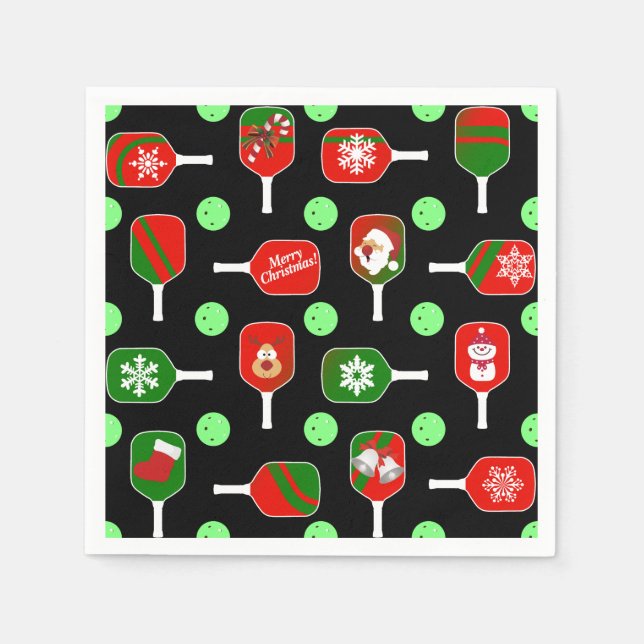 Serviette En Papier Noël Raquettes de Pickleball Rouge Vert Balles Noi (Devant)
