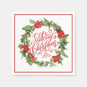 Serviette En Papier Noël Red Green Wreath Holly Ivy Typographie