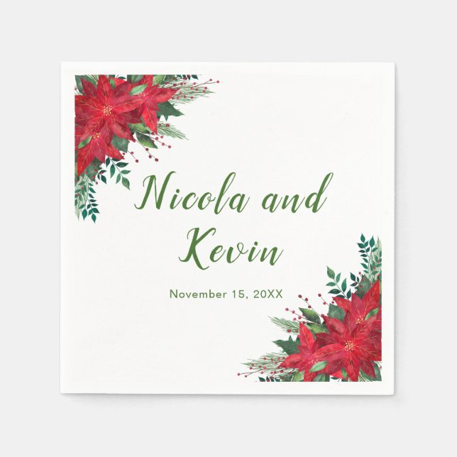 Serviette En Papier Noël Rouge Poinsettia Fleurs Mariage (Devant)