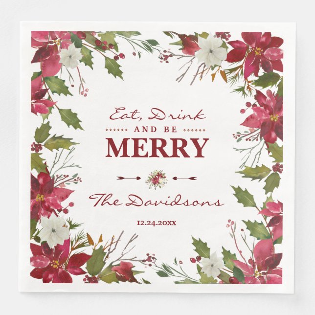 Serviette En Papier Noël Rouge Poinsettia Manger Boire et être Joyeux (Devant)