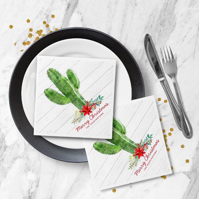 Serviette En Papier Noël rustique Cactus Bois vacances Floral (Rustic Christmas Cactus Wood Holiday Floral Napkins)