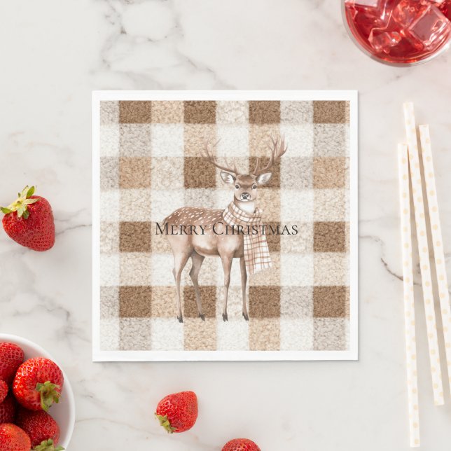 Serviette En Papier Noël Rustique Crème Marron Carreaux Cerf (En situation)
