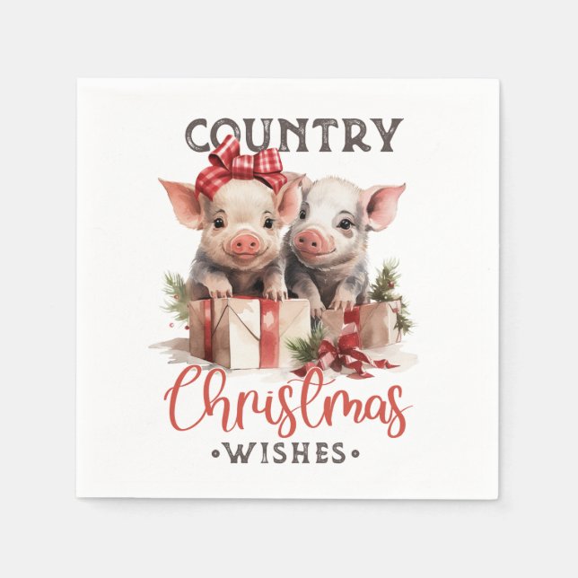 Serviette En Papier Noël rustique Pays Souhaite Joli Cochon (Devant)