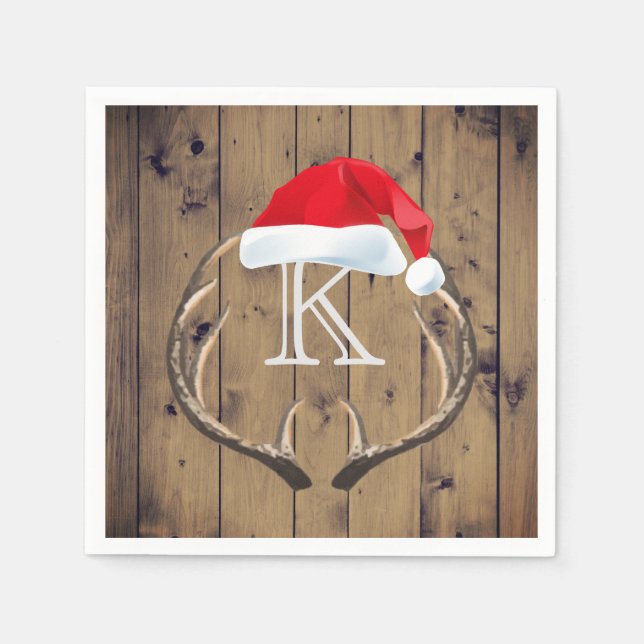 Serviette En Papier Noël Santa Hat Reindeer Antlers Monogramme (Devant)