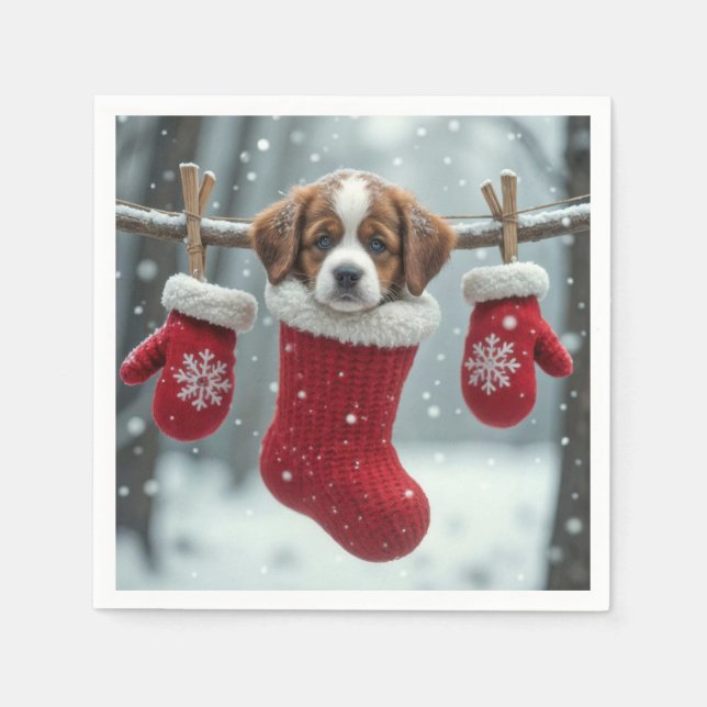 Serviette En Papier Noël St. Bernard Puppy dans une réserve rouge (Devant)