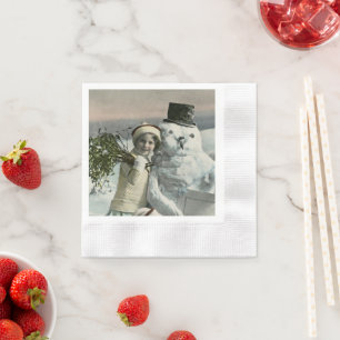Serviette En Papier Noël vintage petite fille avec bonhomme de neige