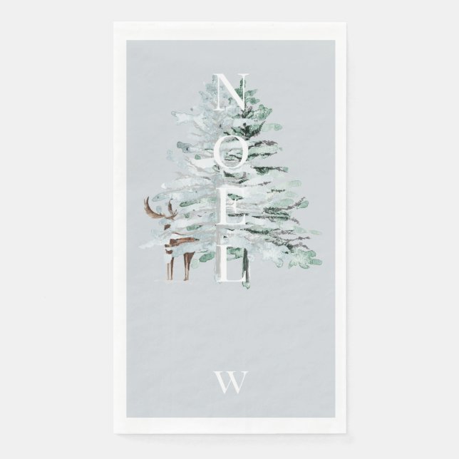Serviette En Papier Noel Woodland Deer Monogramme Hiver Bleu Vacances (Devant)