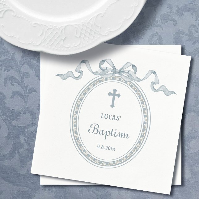 Serviette En Papier Nœud Bleu Poussiéreux Cadre Grec Baptême (Créateur téléchargé)