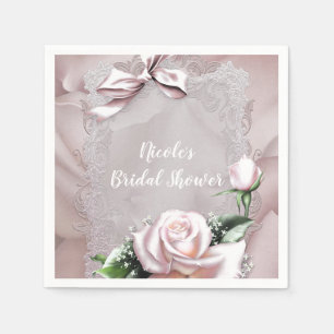 Serviette En Papier Nœud en satin rose poudré et floral romantique à l