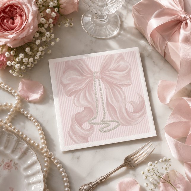 Serviette En Papier Nœud rayé rose et collier de perles (Créateur téléchargé)