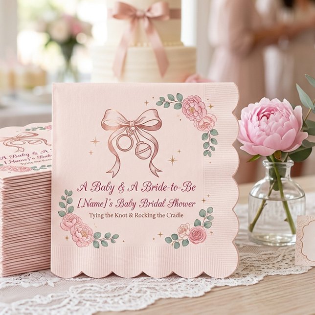 Serviette En Papier Nœud Rose et Roses Coquette | Bébé et Mariée Ensem (Créateur téléchargé)