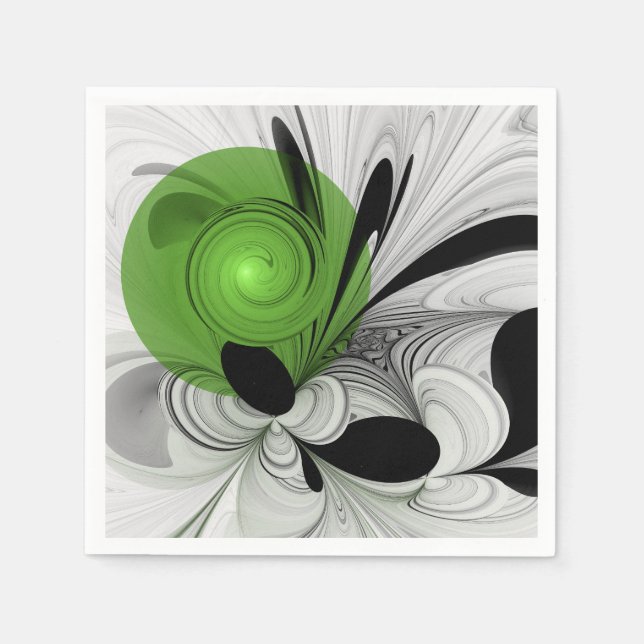Serviette En Papier Noir Abstrait et blanc avec art fractal vert (Devant)