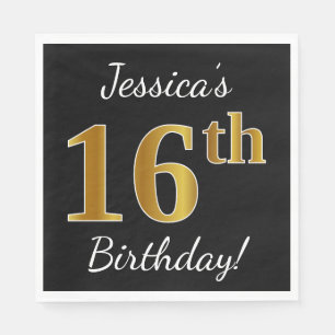 Serviette En Papier Noir, anniversaire d'or de Faux 16ème + Nom fait
