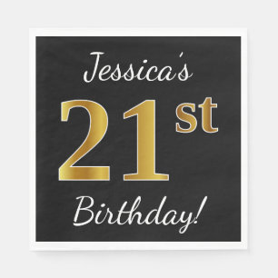 Serviette En Papier Noir, anniversaire d'or de Faux 21ème + Nom fait