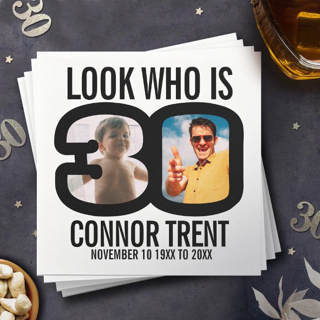 Serviette En Papier Noir blanc 30e anniversaire deux photos regardez q (Créateur téléchargé)