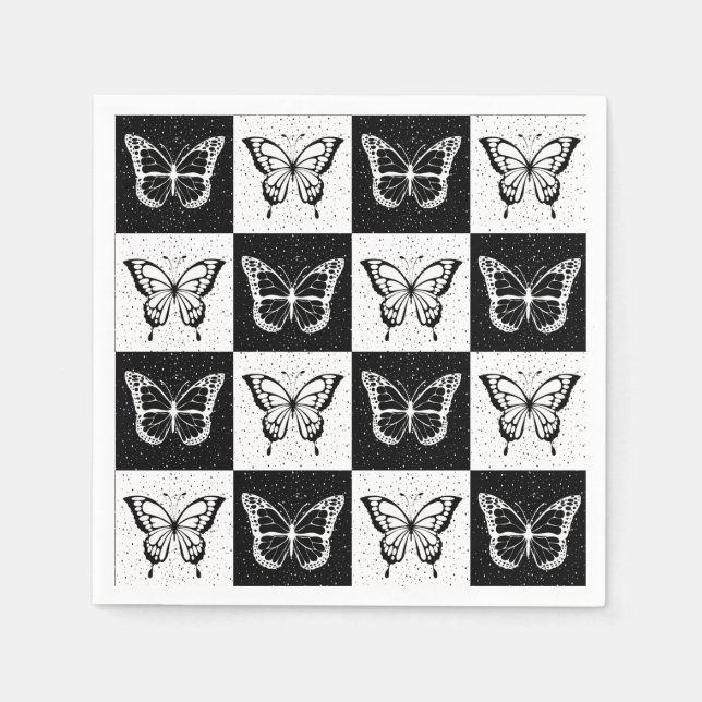 Serviette En Papier Noir blanc À damiers conception papillon (Devant)