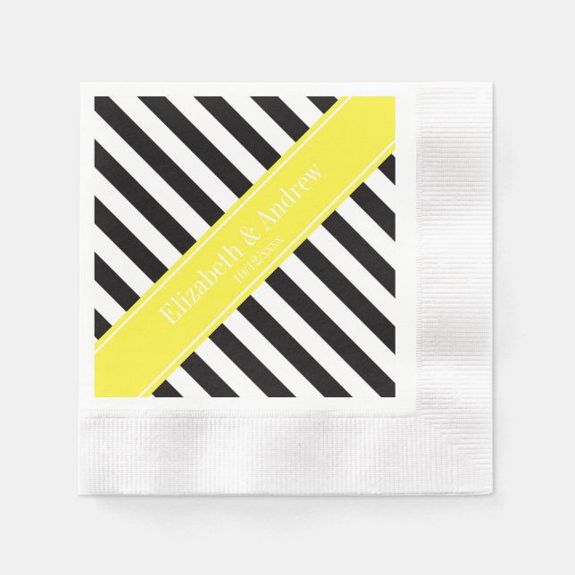 Serviette En Papier Noir blanc bande jaune Nom Monogramme (Devant)