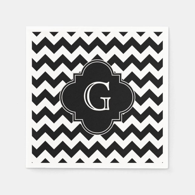 Serviette En Papier Noir blanc Chevron noir Quatrefoil Monogramme (Devant)