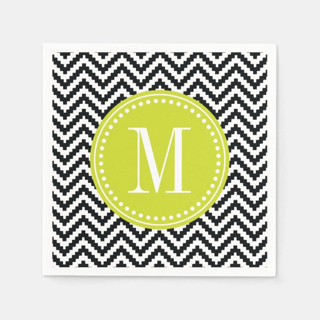 Serviette En Papier Noir & Blanc Chic Aztec Chevron Monogrammé (Devant)