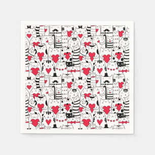 Serviette En Papier Noir Blanc Cute Chat Coeur Rouge