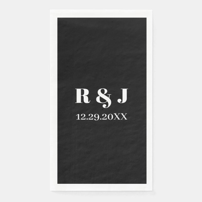 Serviette En Papier Noir Blanc Monogramme Couple Nom personnalisé Mari (Devant)