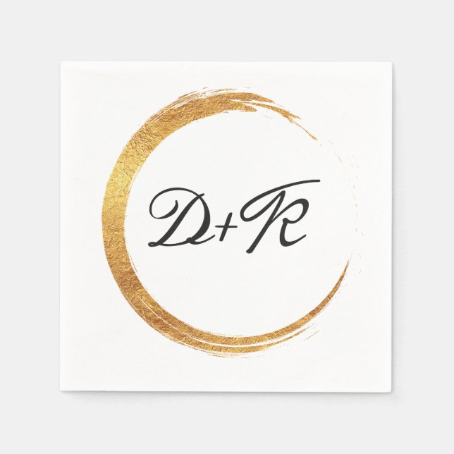 Serviette En Papier Noir Blanc Or Anneau Monogramme Initiales Nom (Devant)