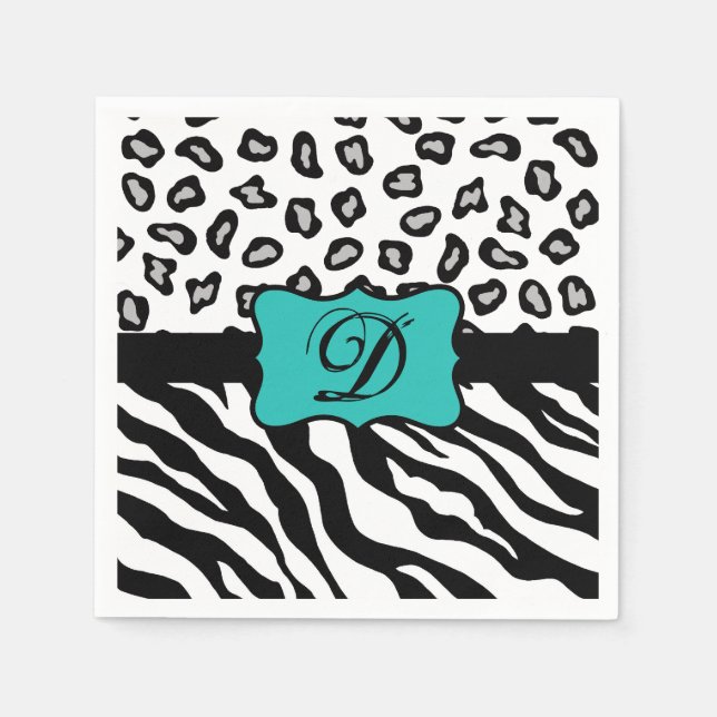 Serviette En Papier Noir Blanc Turquoise Zebra Leopard Peau Monogramme (Devant)