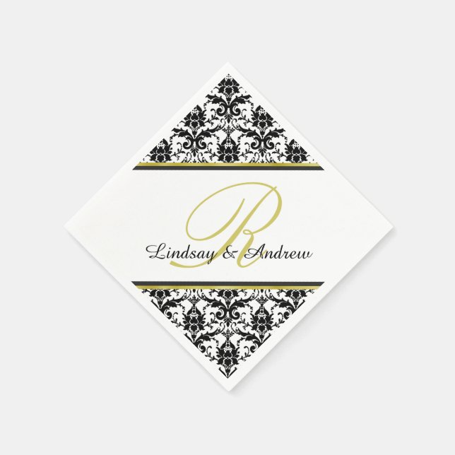 Serviette En Papier Noir Damas Blanc Monogramme Mariage (Coin)