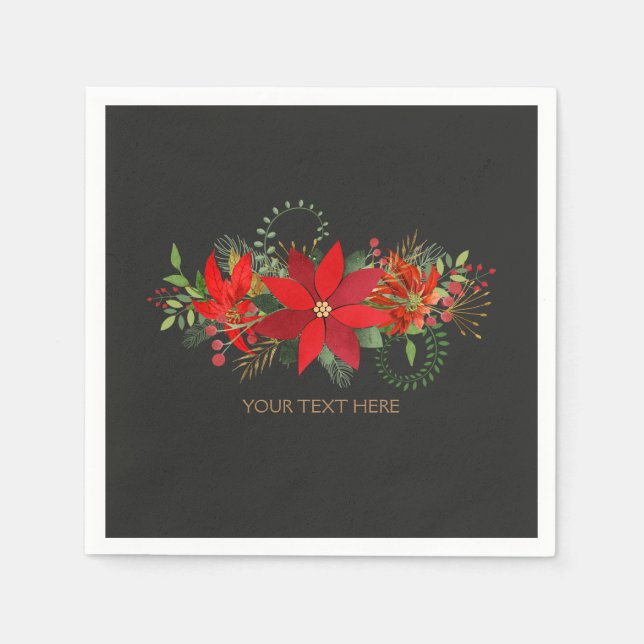 Serviette En Papier Noir d'hiver Mariage Rouge Poinsettia Fête de Fête (Devant)