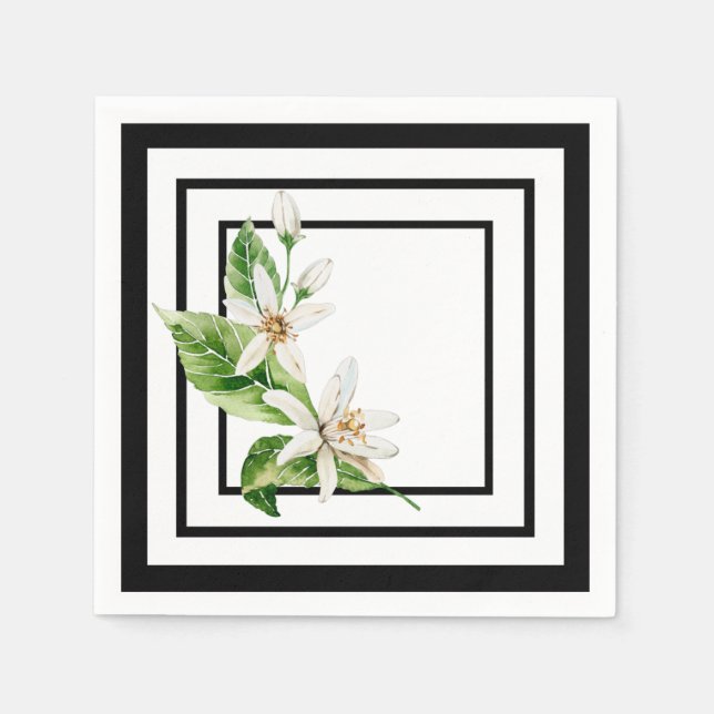Serviette En Papier Noir et blanc avec fleur de citron (Devant)