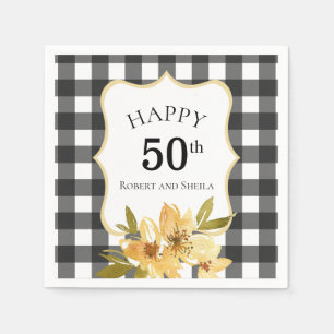 Serviette En Papier Noir et Blanc Fleurs Jaunes 50e Anniversaire