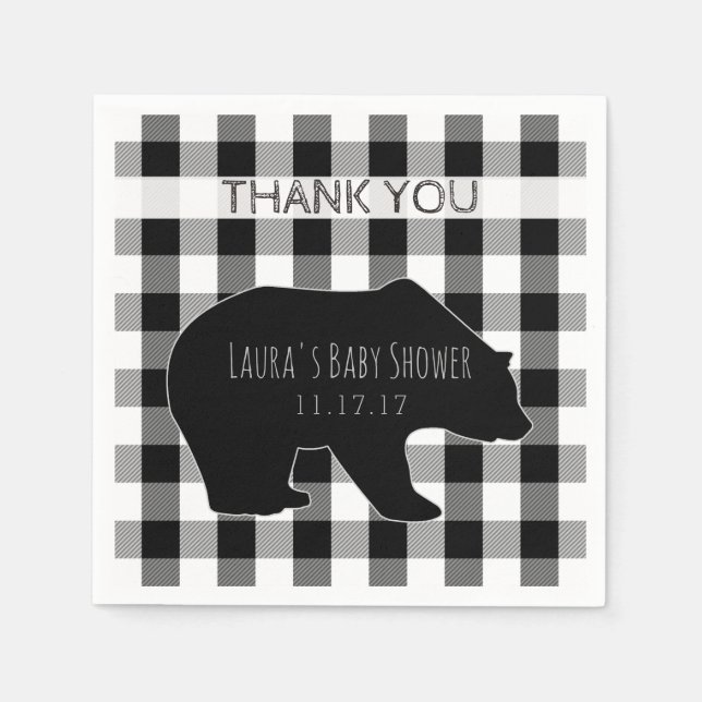Serviette En Papier Noir et blanc lisible | Baby shower de l'ours (Devant)