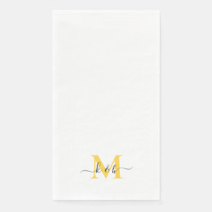 Serviette En Papier Noir et Jaune Monogramme Lavage Script Blanc
