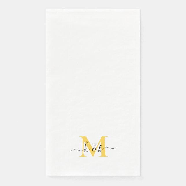 Serviette En Papier Noir et Jaune Monogramme Lavage Script Blanc (Devant)