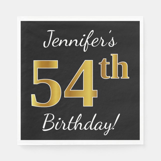 Serviette En Papier Noir, Faux Gold 54e anniversaire + Nom personnalis (Devant)