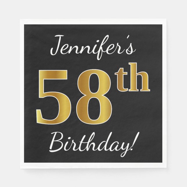 Serviette En Papier Noir, Faux Gold 58e anniversaire + Nom personnalis (Devant)