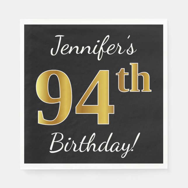 Serviette En Papier Noir, Faux Gold 94e anniversaire + Nom personnalis (Devant)