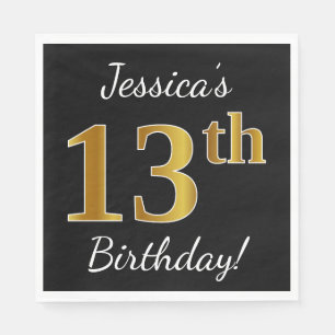 Serviette En Papier Noir, Faux Or 13ème anniversaire + Nom personnalis