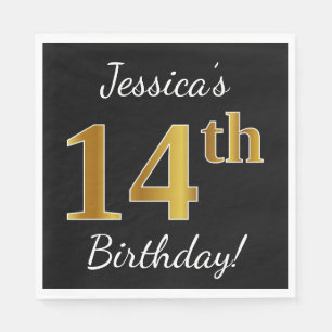 Serviette En Papier Noir, Faux Or 14e anniversaire + Nom personnalisé