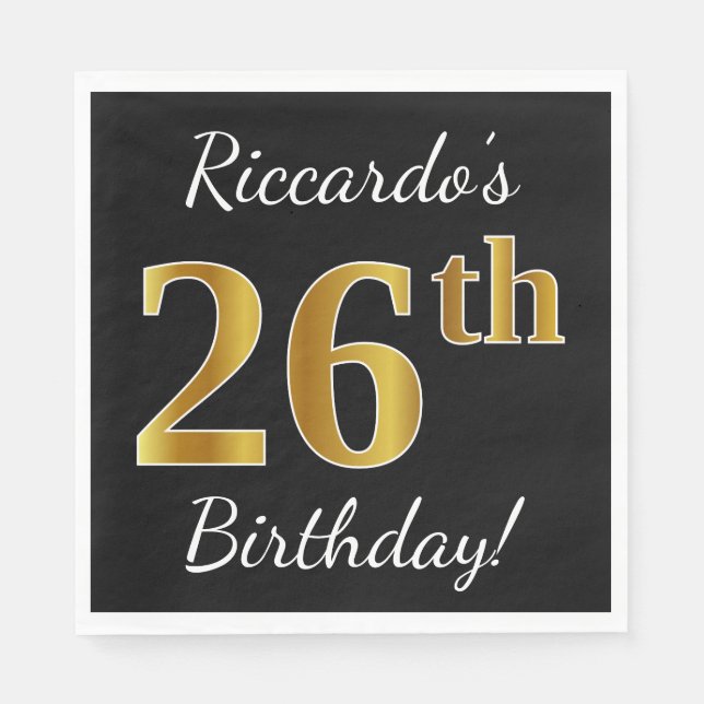 Serviette En Papier Noir, Faux Or 26e anniversaire + Nom personnalisé (Devant)