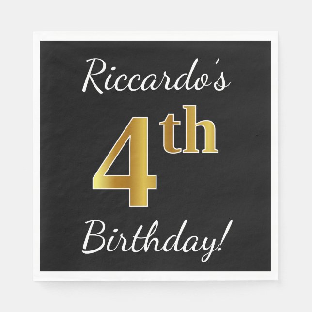 Serviette En Papier Noir, Faux Or 4e Anniversaire + Nom Personnalisé (Devant)